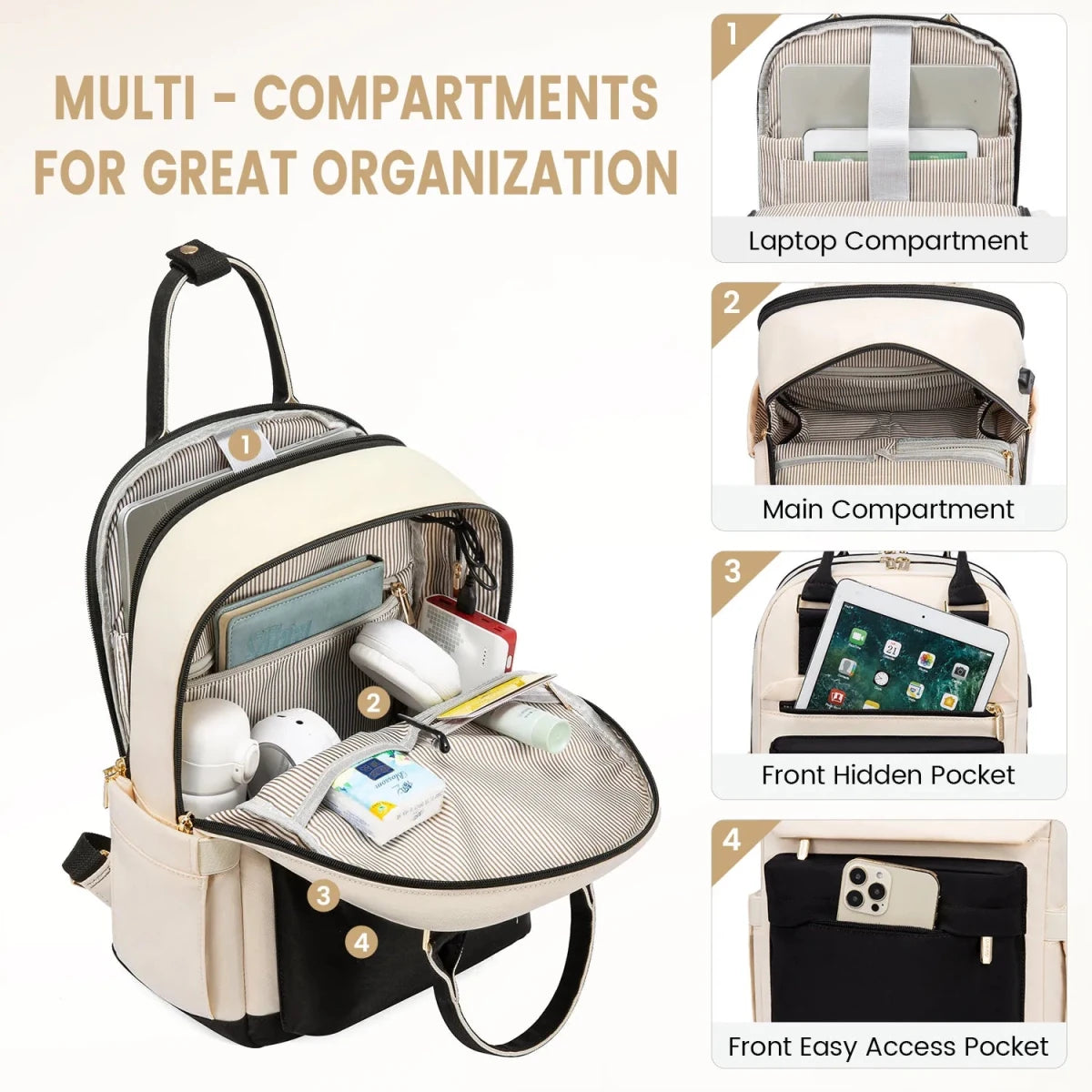 Stylish girls' nylon bookbag with USB port, waterproof laptop backpack by MANDOTOS INTERNATIONAL, featuring multiple compartments and a sleek design.