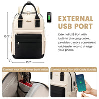 Stylish girls' nylon bookbag with USB port, waterproof laptop backpack by MANDOTOS INTERNATIONAL, featuring multiple compartments and sleek design.