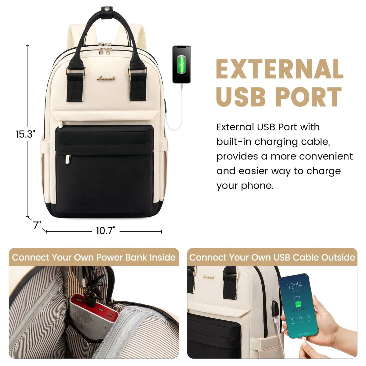 Stylish girls' nylon bookbag with USB port, waterproof laptop backpack by MANDOTOS INTERNATIONAL, featuring multiple compartments and sleek design.