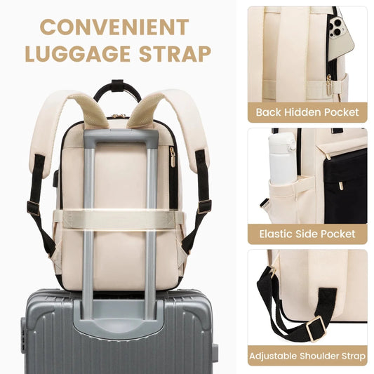 Stylish girls' nylon bookbag with USB port, waterproof laptop backpack by MANDOTOS INTERNATIONAL, featuring multiple compartments.