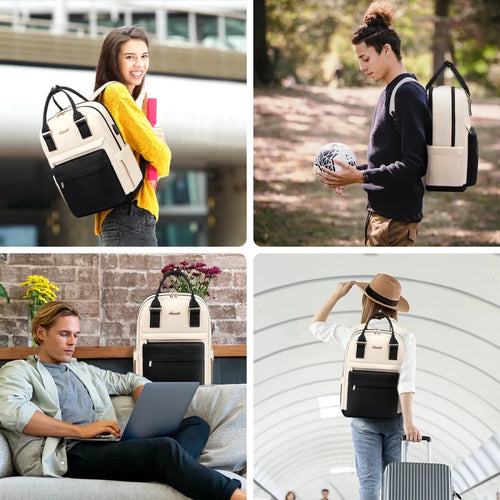 Stylish girls' nylon bookbag with USB port, waterproof laptop backpack by MANDOTOS INTERNATIONAL, featuring multiple compartments.