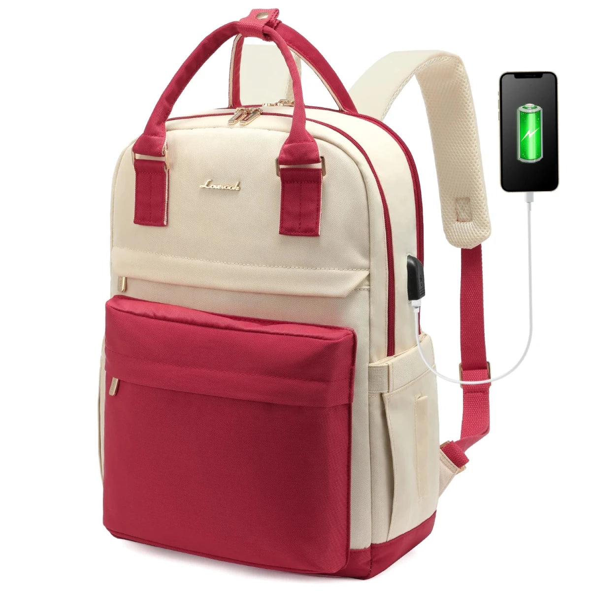 Stylish girls nylon book bag with USB port, waterproof laptop backpack by MANDOTOS INTERNATIONAL, featuring multiple compartments and sleek design.