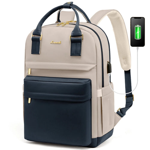 Stylish girls' nylon bookbag with USB port, waterproof laptop backpack by MANDOTOS INTERNATIONAL, featuring multiple compartments.