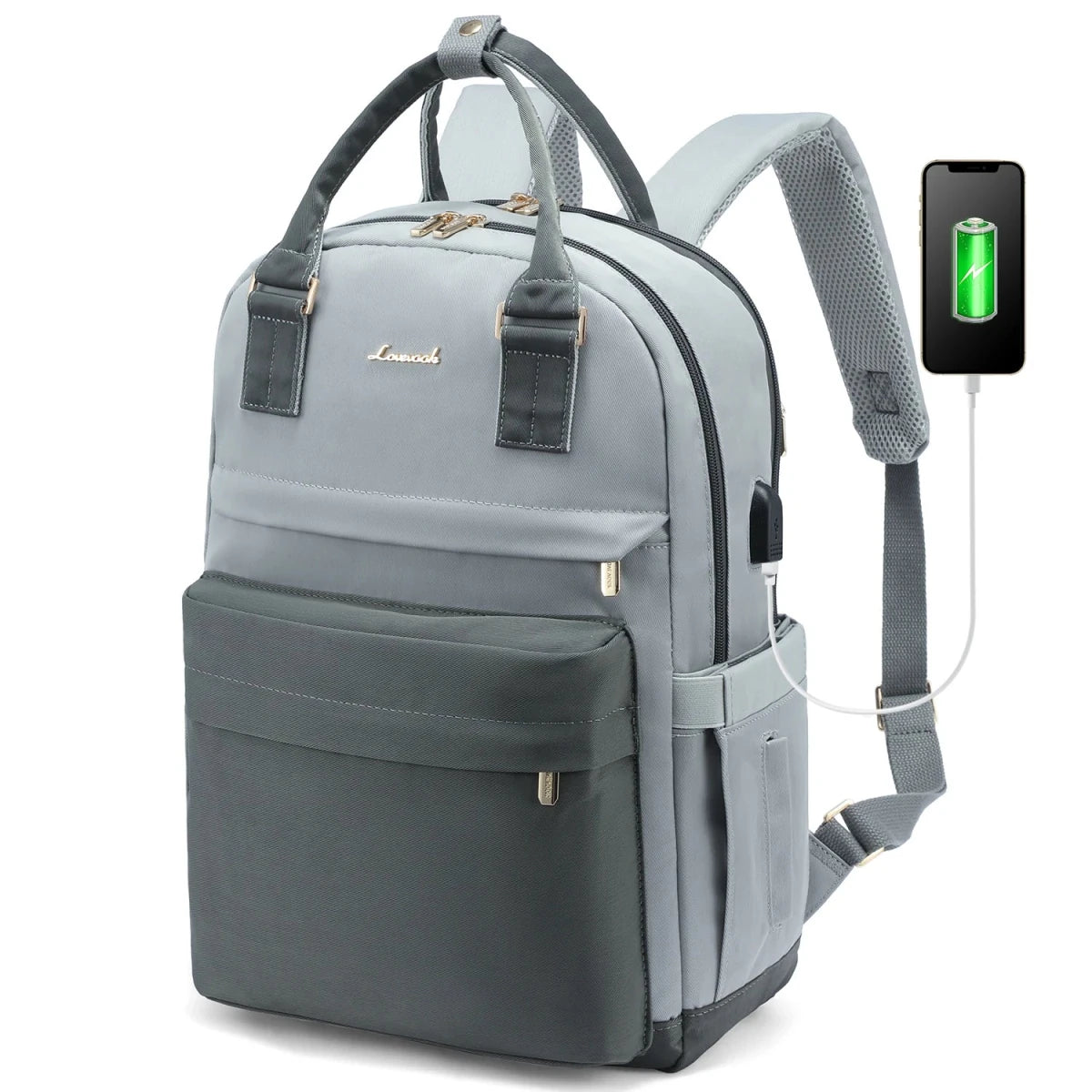Stylish girls' nylon bookbag with USB port, waterproof laptop backpack by MANDOTOS INTERNATIONAL, featuring multiple compartments and sleek design.