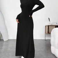 Mandotos International stylish high collar winter dress with a fitted silhouette and cozy fabric, perfect for cold weather fashion.