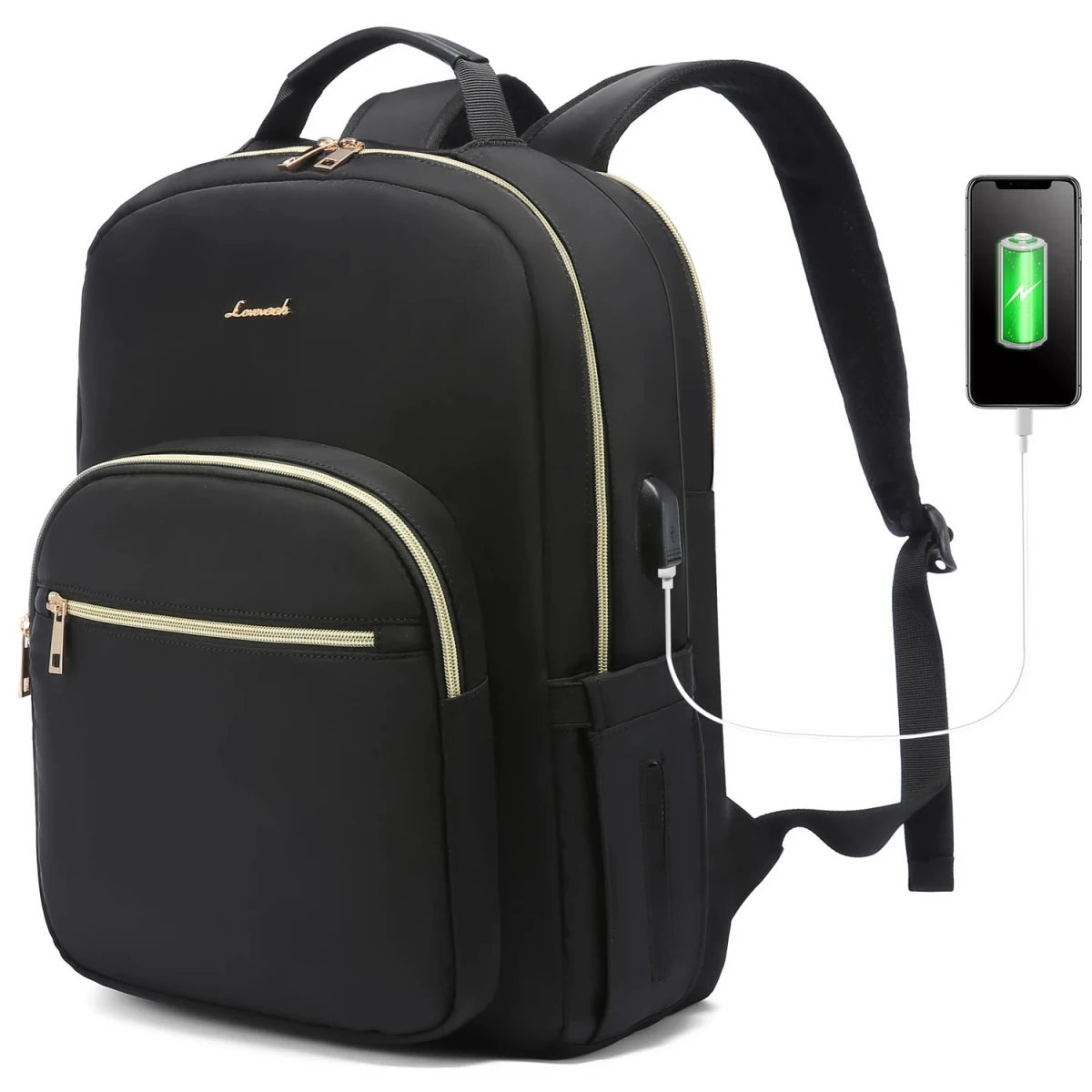 Mandotos International waterproof laptop backpack for women and girls, stylish college school bag with multiple compartments and adjustable straps.