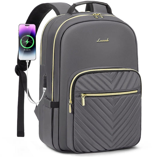 Mandotos International waterproof laptop backpack for women and girls, stylish college school bag with multiple compartments and durable design.