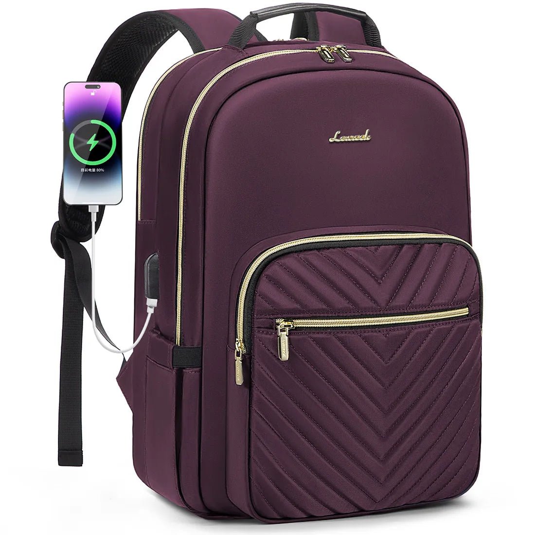 Mandotos International waterproof laptop backpack for women and girls, stylish college school bag with multiple compartments and adjustable straps.