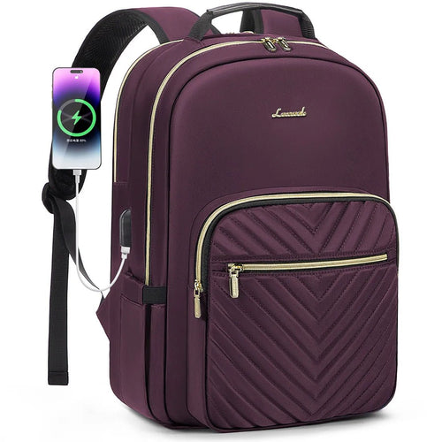 Mandotos International waterproof laptop backpack for women and girls, stylish college school bag with multiple compartments and adjustable straps.