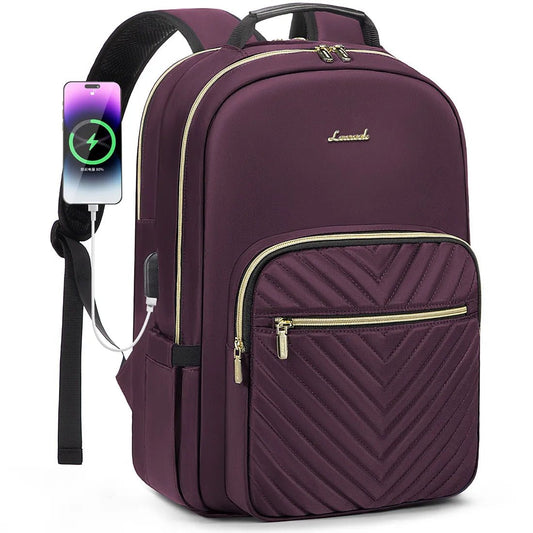 Mandotos International waterproof laptop backpack for women and girls, stylish college school bag with multiple compartments and adjustable straps.