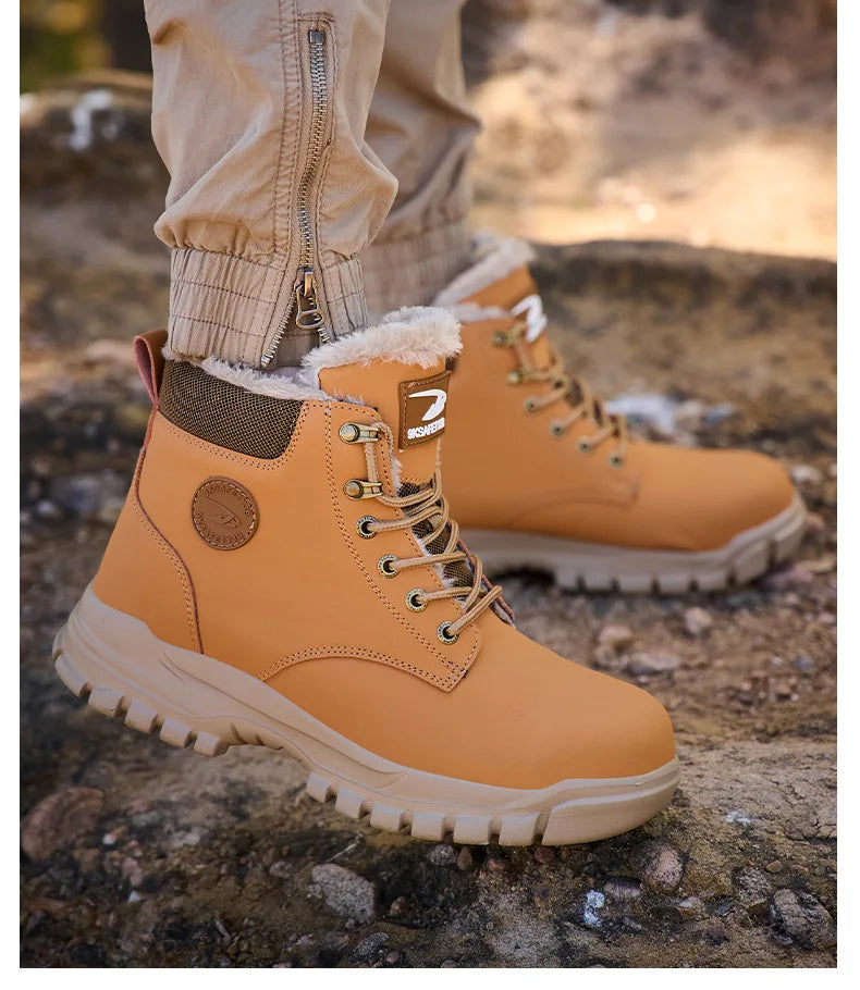 Mandotos International men's waterproof steel toe work boots with rugged safety design, ideal for winter work conditions.