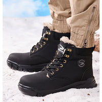 Mandotos International men's stylish winter steel toe work boots, waterproof safety shoes with rugged sole and durable design.