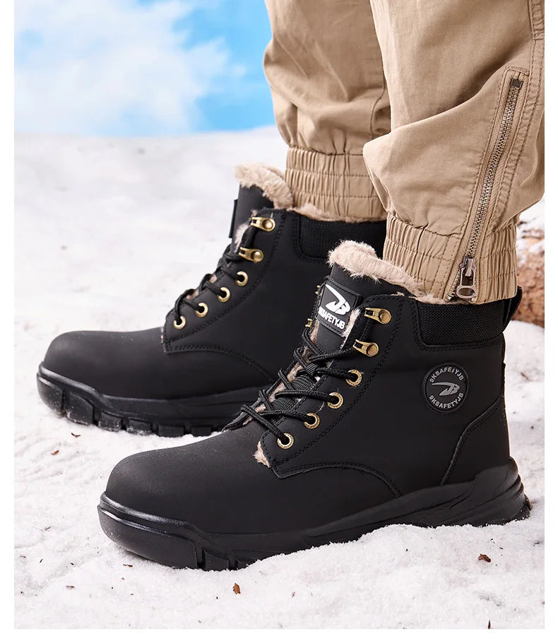 Mandotos International men's stylish winter steel toe work boots, waterproof safety shoes with rugged sole and durable design.