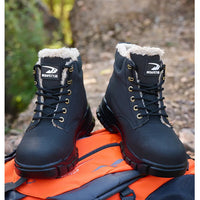 Mandotos International men's waterproof steel toe work boots with rugged design and sturdy safety shoes for winter durability.