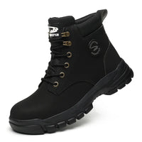 Mandotos International men's stylish waterproof winter steel toe work boots, sturdy and indestructible safety shoes for rugged use.