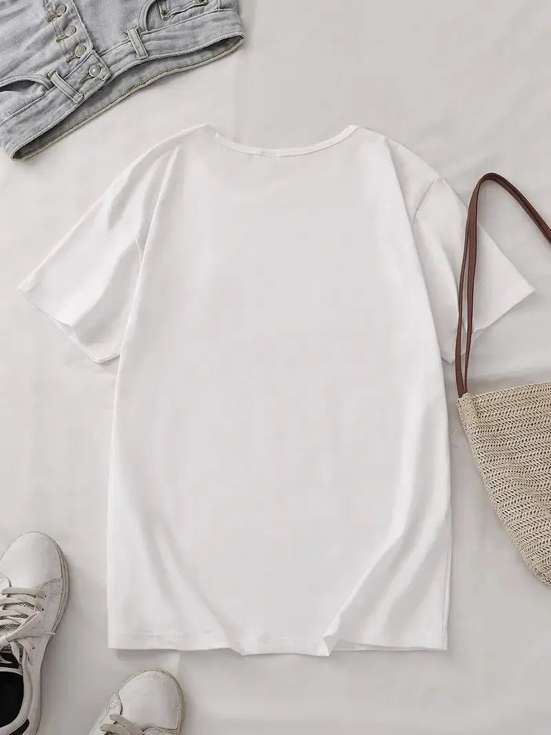 Mandotos International women's summer printed round neck short sleeve T-shirt with kawaii design, casual European and American style.