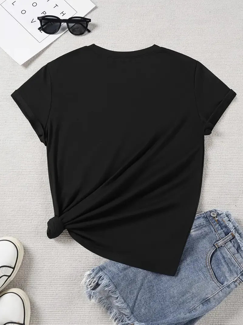 Women’s printed round neck short-sleeve T-shirt by MANDOTOS INTERNATIONAL, featuring colorful European and American-inspired kawaii design.