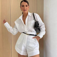 Summer women's 2-piece button shorts and shirt set by MANDOTOS INTERNATIONAL, casual and stylish for warm weather.