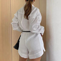 Summer women's 2-piece button short pant set with shirt tops by MANDOTOS INTERNATIONAL, featuring casual, stylish summer fashion.
