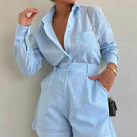 Summer women's 2-piece button short pant set with shirt tops by MANDOTOS INTERNATIONAL, styled for warm weather.