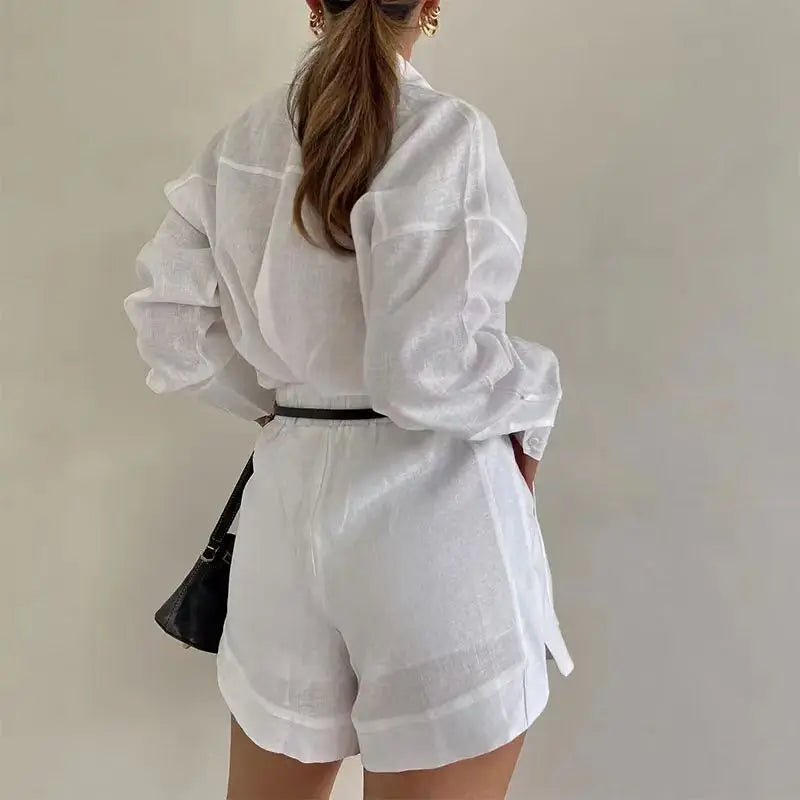 Summer women's 2-piece button short pant set with shirt tops by MANDOTOS INTERNATIONAL, shown on a stylish model.