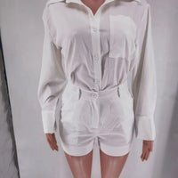 Summer fashion women's 2-piece button short pant set with shirt tops by MANDOTOS INTERNATIONAL, featuring stylish and comfortable summer wear.