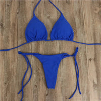 Mandotos International summer solid micro bikini set for women with tie side G-string thong, Brazilian swimwear, and bandage style.