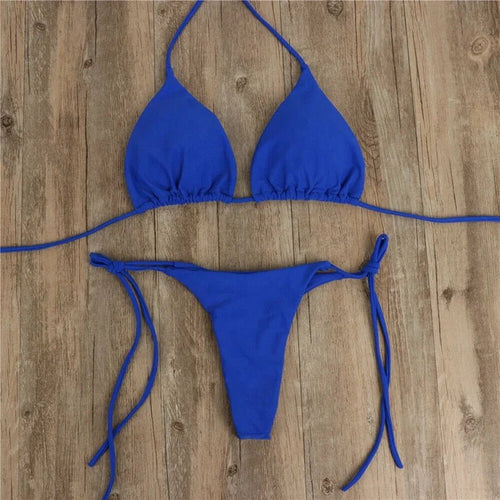 Mandotos International summer solid micro bikini set for women with tie side G-string thong, Brazilian swimwear, and bandage style.