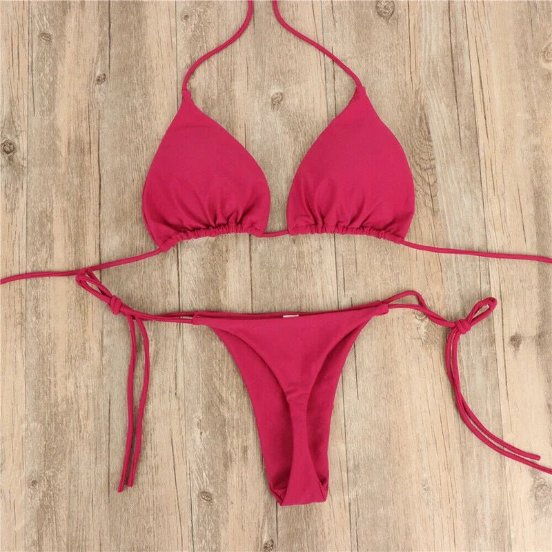 Mandotos International summer solid micro bikini set for women, featuring tie-side G-string thong and Brazilian-style bandage swimsuit.