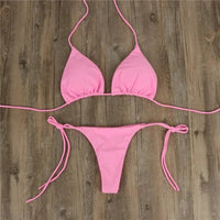 Mandotos International summer solid micro bikini set with tie-side G-string and thong style, Brazilian swimwear for women.