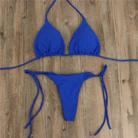 Mandotos International women's solid micro bikini set with tie-side G-string thong, bandage style, suitable for Brazilian swimwear.