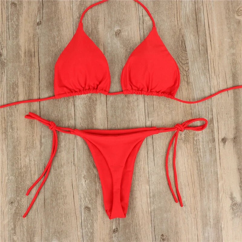 Mandotos International summer micro bikini set for women, solid color, tie-side G-string thong, Brazilian swimwear, bandage style.