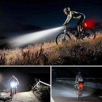 Mandotos International super bright LED bicycle front light mounted on bike for night riding visibility and safety.