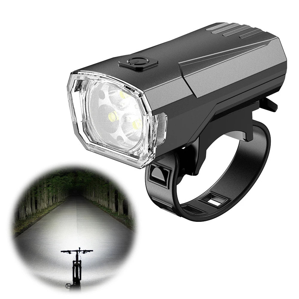 Super Bright LED Bicycle Front Light by MANDOTOS INTERNATIONAL for night riding, mounted on a bicycle handlebar.