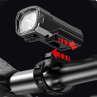 Mandotos International super bright LED bicycle front light mounted on a bike for night riding visibility.
