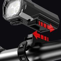 Mandotos International super bright LED bicycle front light mounted on handlebars for night riding visibility.