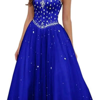 Mandotos International sweetheart tulle prom ball gown with tea-length design, featuring elegant draping and a fitted bodice.