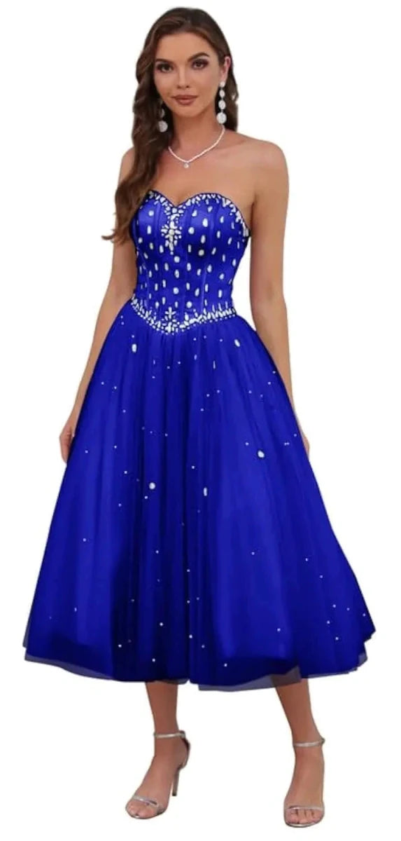 Mandotos International sweetheart tulle prom ball gown with tea-length design, featuring elegant draping and a fitted bodice.