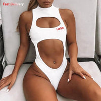Mandotos International one-piece swimwear with zipper neckline, front cutout, and hollow-out design, perfect for stylish waterwear.