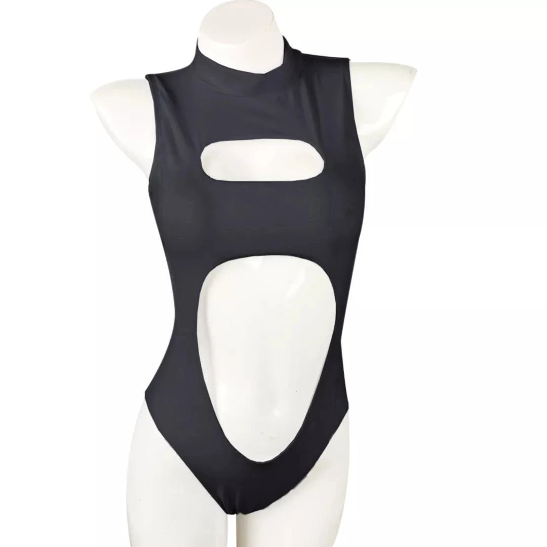 Mandotos International one-piece swimsuit with zipper neck, front cutout, and hollow-out design, perfect for stylish swimwear.