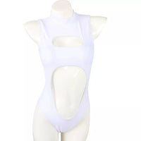 Mandotos International one-piece swimsuit with zipper neck, front cutout, hollow out design, in black, stylish sexy bathing suit.