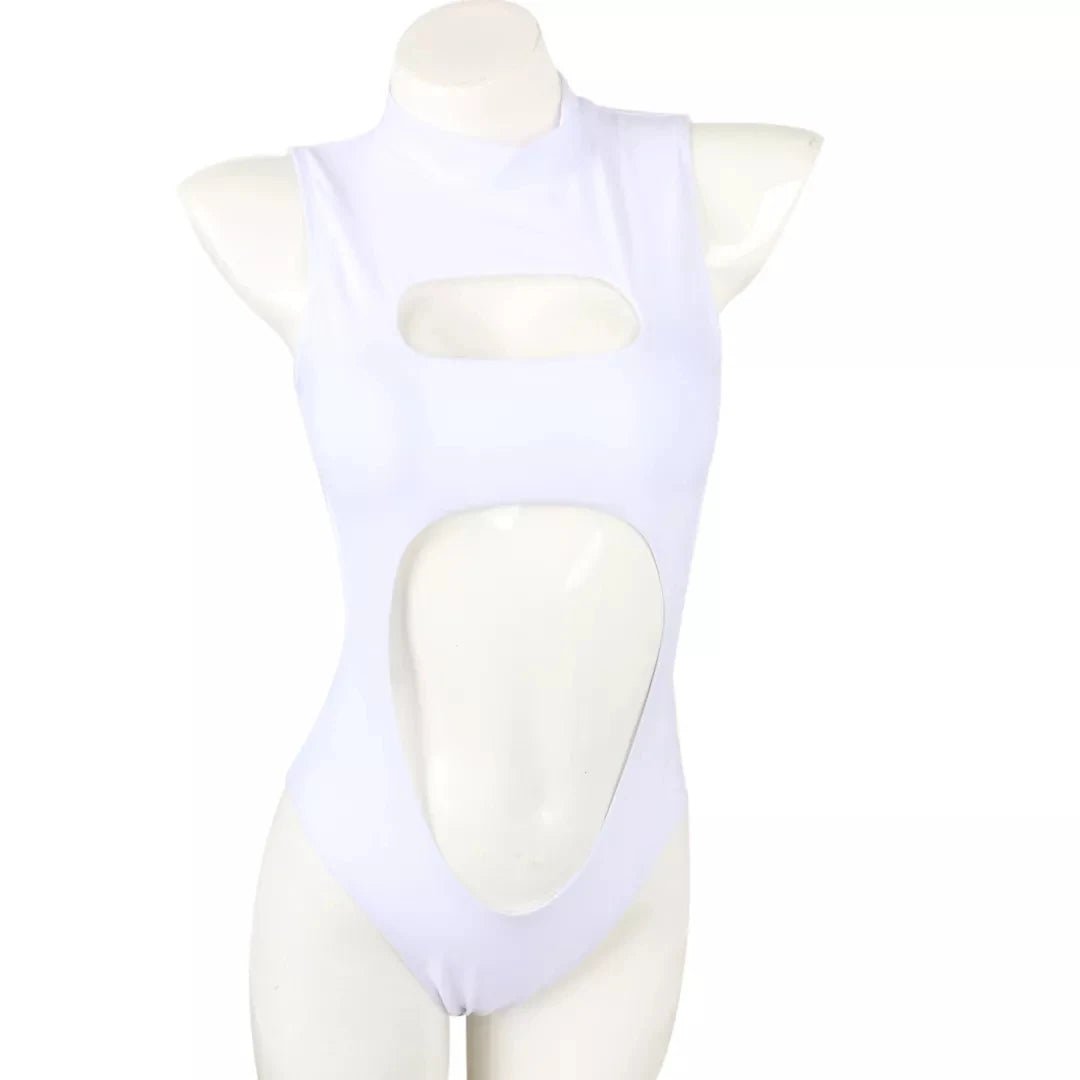 Mandotos International one-piece swimsuit with zipper neck, front cutout, hollow out design, in black, stylish sexy bathing suit.