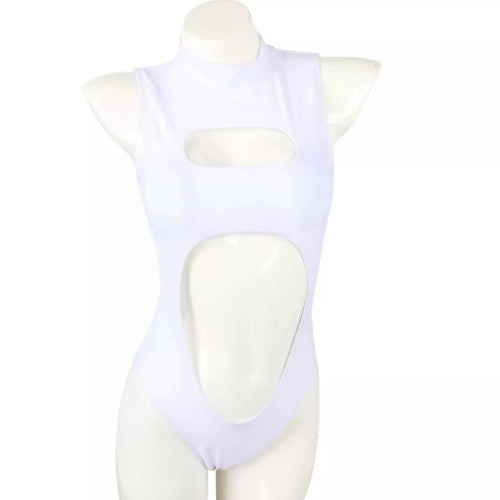 Mandotos International one-piece swimsuit with zipper neck, front cutout, hollow out design, in black, stylish sexy bathing suit.