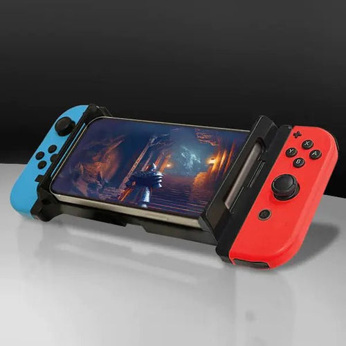 Mandotos International SwitchCon Mobile Gaming Mount attached to a gaming console showing a mobile phone holder and adjustable arm.