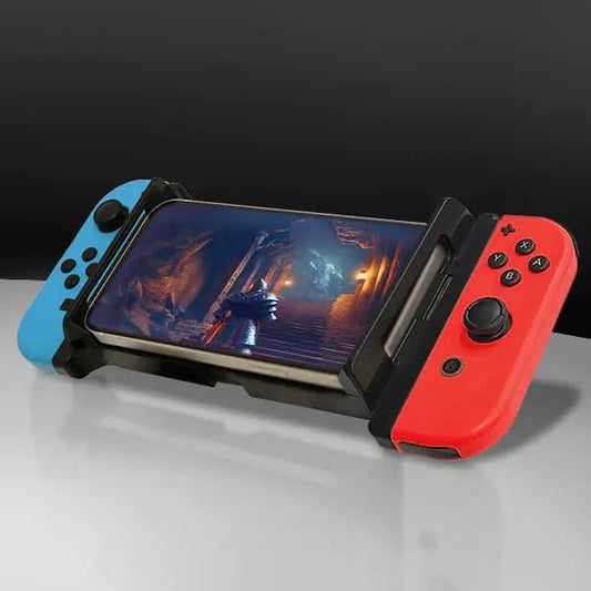 Mandotos International SwitchCon Mobile Gaming Mount attached to a gaming console showing a mobile phone holder and adjustable arm.