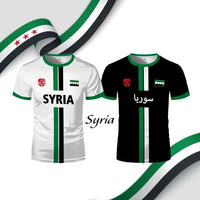 Syrian flag map print football T-shirt for men and kids by MANDOTOS INTERNATIONAL, summer casual top with vibrant flag design.