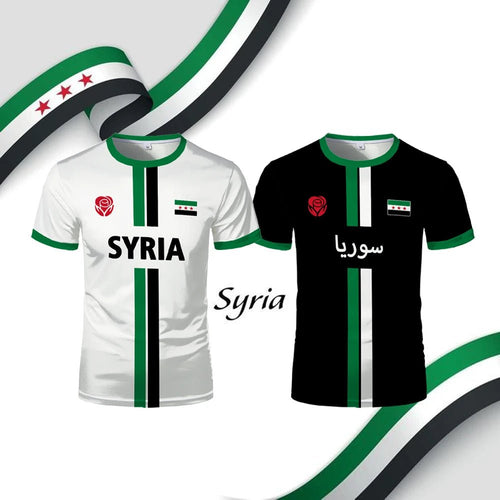 Syrian flag map print football T-shirt for men and kids by MANDOTOS INTERNATIONAL, summer casual top with vibrant flag design.