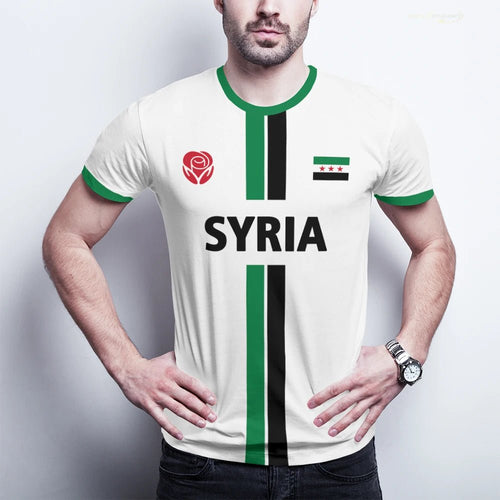 Syrian Flag Map print football T-shirt by MANDOTOS INTERNATIONAL, men's and kids' summer top with vibrant national flag design.