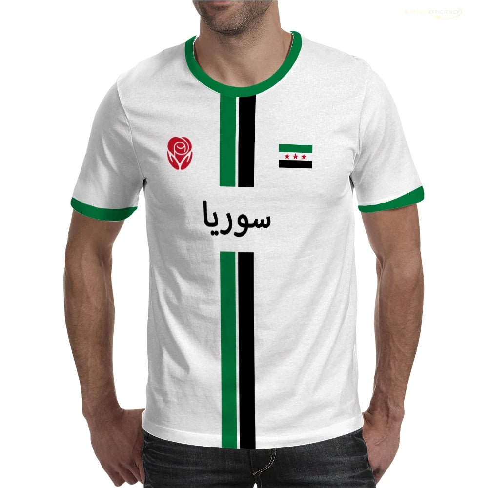 Syrian Flag Map Print Football T-Shirt by MANDOTOS INTERNATIONAL, men's and kids' summer top with vibrant national flag design.