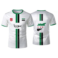 Syrian flag map print football T-shirt for men and kids, summer top by MANDOTOS INTERNATIONAL, featuring vibrant national flag design.